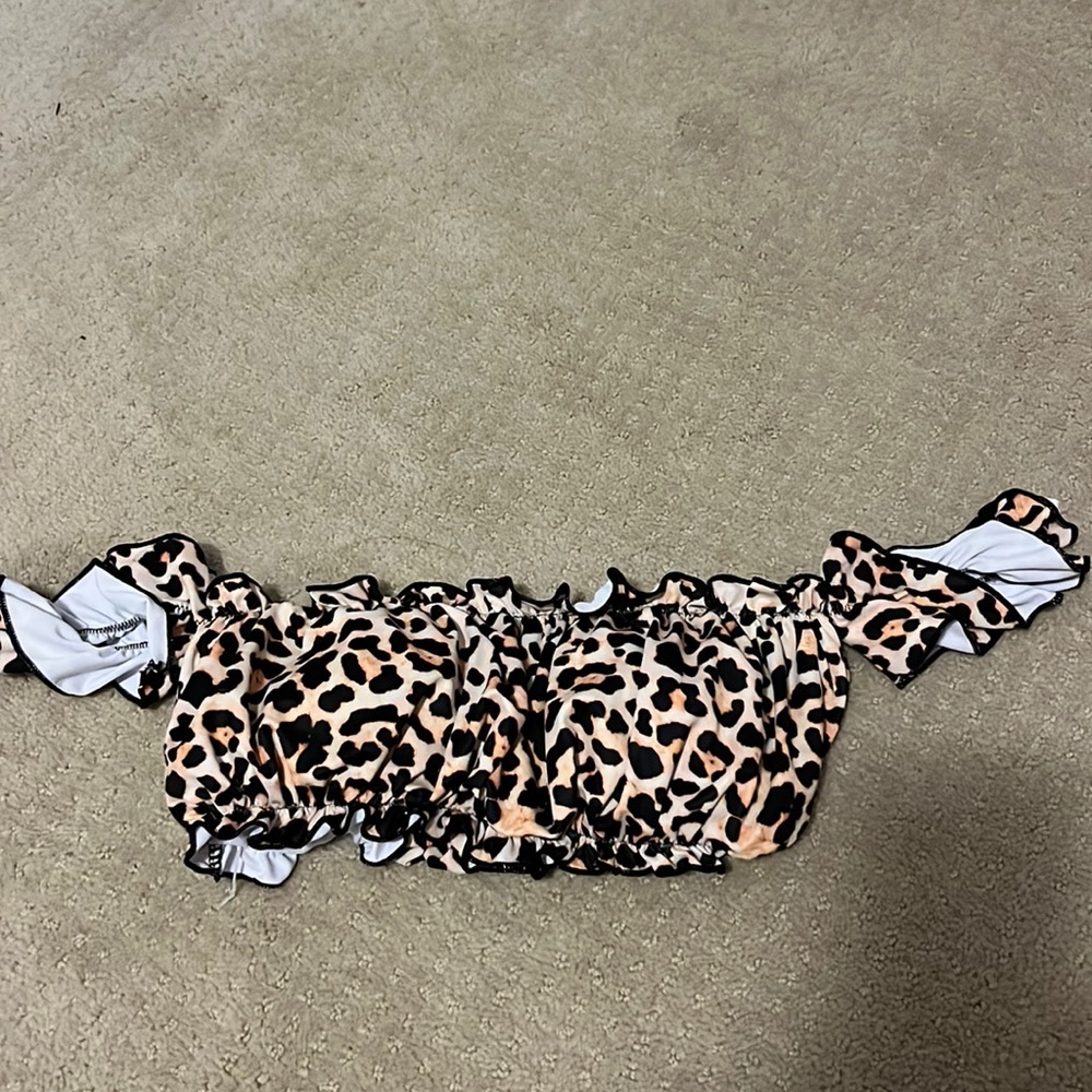 SHEIN Leopard Print Off-Shoulder Bikini Top in Beige and Black